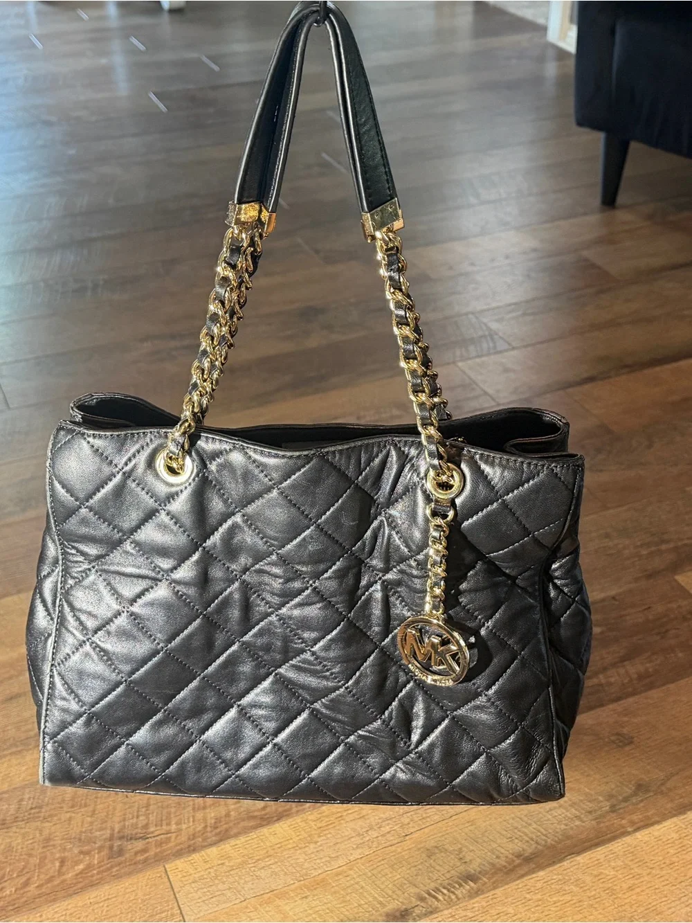 Michael Kors Black Quilted Leather Chain Tote Shoulder Bag Large